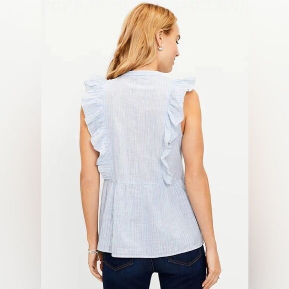 LOFT Blue and White Striped Cotton Ruffle Shoulder Tie Neck Peplum Blouse - Picture 3 of 10